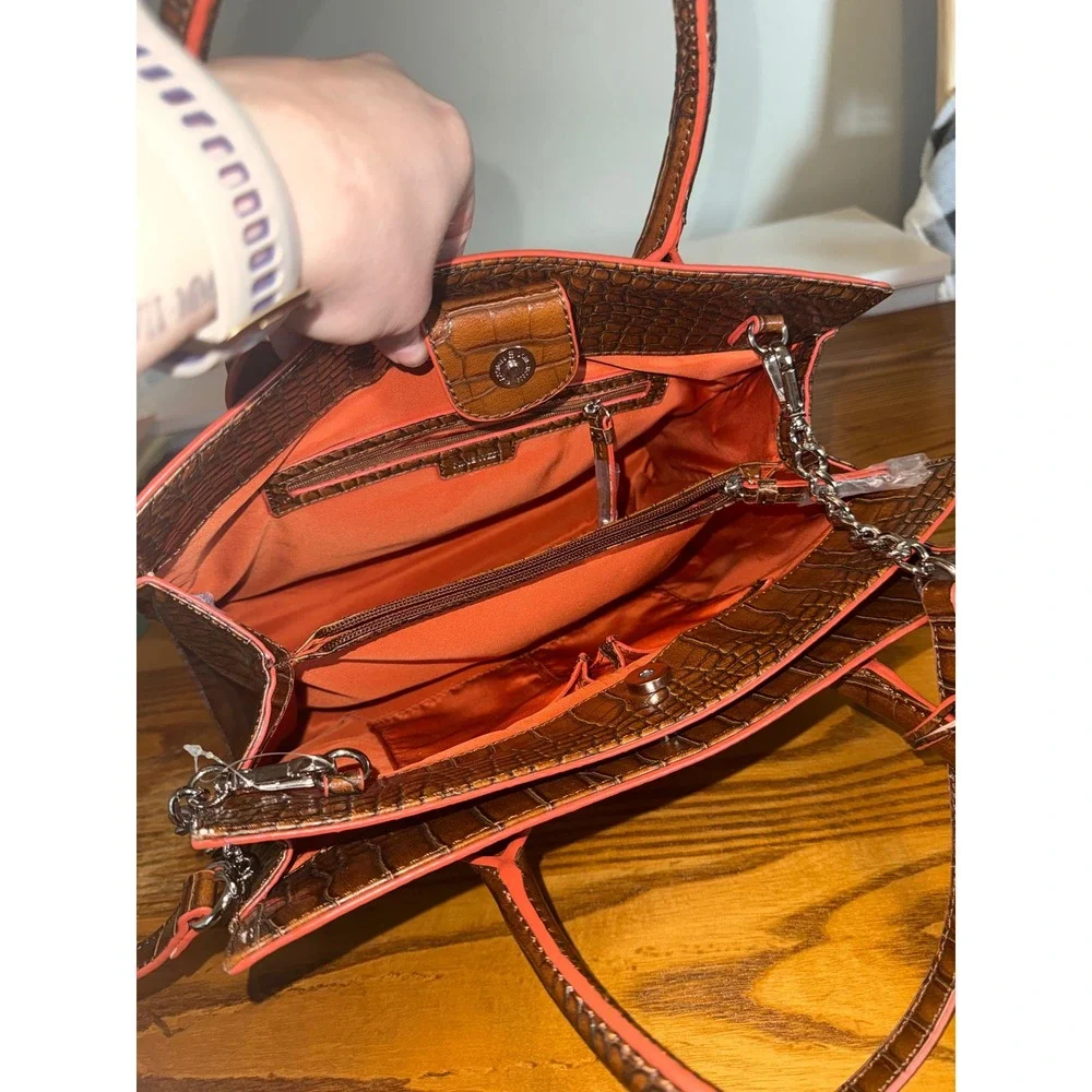 Nine West Brown Croc Embossed Satchel Handbag Orange Trim Crossbody Bag